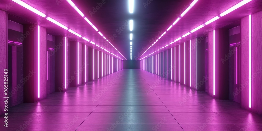 Fototapeta premium Futuristic corridor illuminated with pink neon lights.