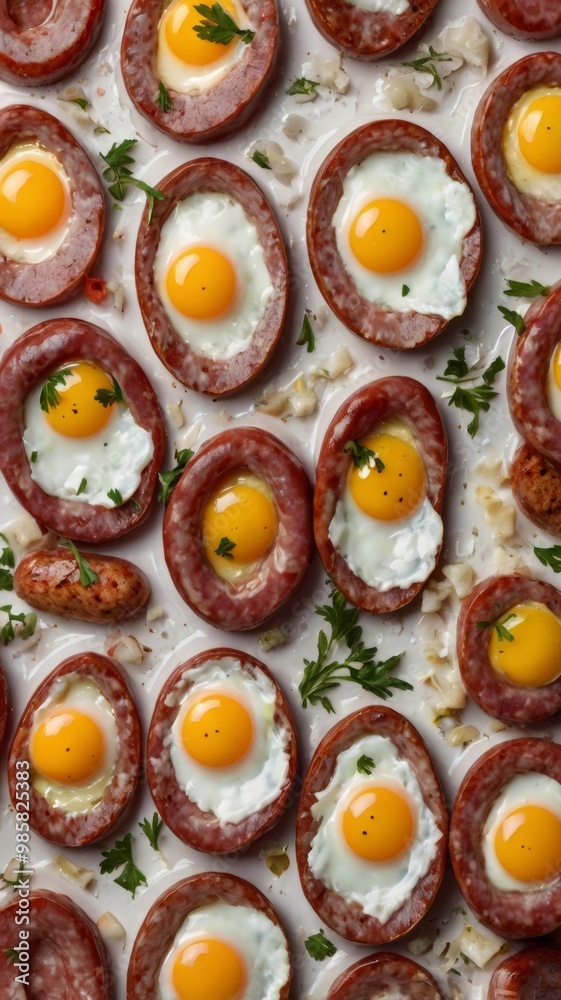 Fried Eggs in Sausage Rings with Parsley Garnish Fried Eggs in Sausage Rings with Parsley Garnish