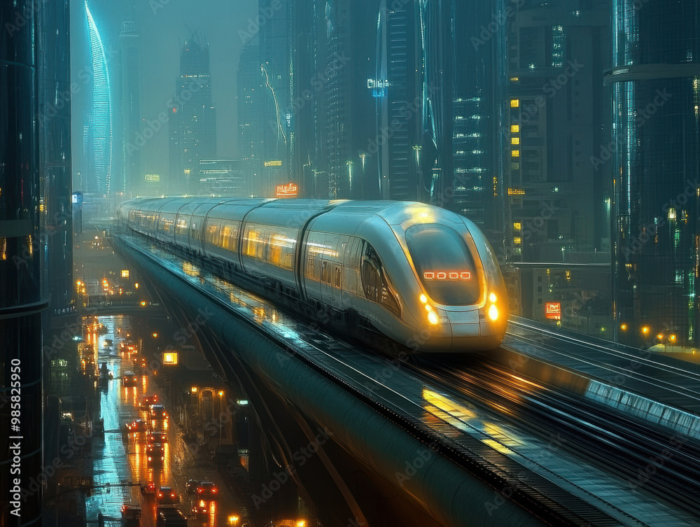 A futuristic Dubai skyline features overhead trains gliding through vibrant, illuminated cityscape. scene captures essence of modern urban life with blend of technology and architecture A futuristic Dubai skyline features overhead trains gliding through vibrant, illuminated cityscape. scene captures essence of modern urban life with blend of technology and architecture