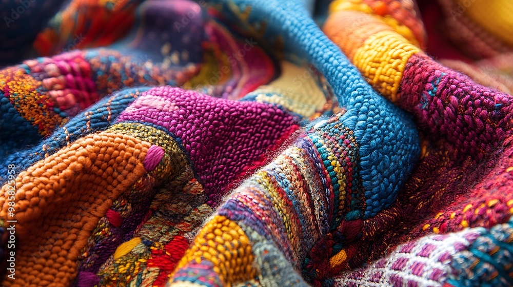 A close-up of colorful fabric with a textured surface.
