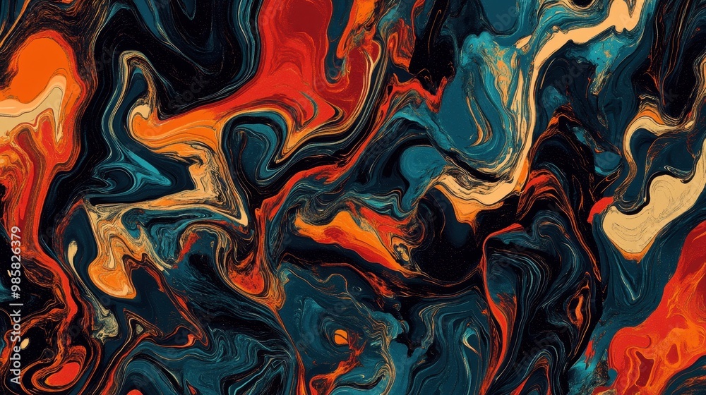 Abstract Swirling Painting in Blue, Orange, and Black Abstract Swirling Painting in Blue, Orange, and Black