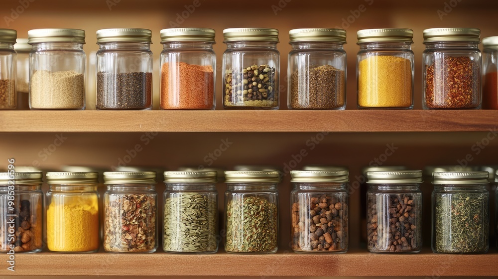 A variety of spices in clear jars, arranged neatly on a kitchen spice rack. A variety of spices in clear jars, arranged neatly on a kitchen spice rack.