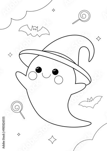 Cute ghost wearing witch hat in doodle style. Happy Halloween coloring page for kids and adults.
