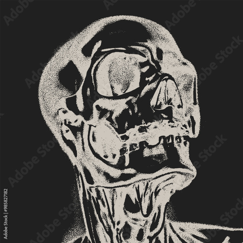 Grainy monochrome human skull with a retro photocopy effect in negative color