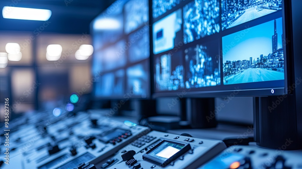 A control room with multiple screens displaying surveillance footage and monitoring equipment. A control room with multiple screens displaying surveillance footage and monitoring equipment.