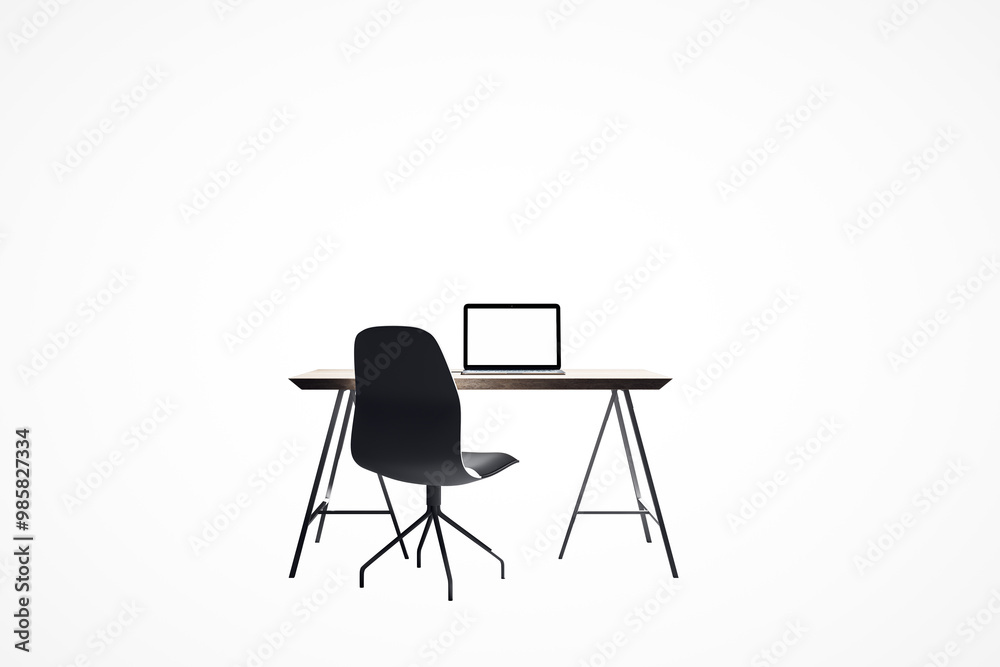 Minimalistic workspace with laptop and chair on white background. 3D Rendering Minimalistic workspace with laptop and chair on white background. 3D Rendering