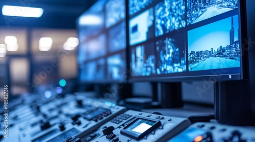 Wallpaper Mural A control room with multiple screens displaying surveillance footage and monitoring equipment. Torontodigital.ca