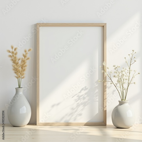 Mockup image poster frame close up and wood cabinet in cozy white interior background , frame classic, minimalistic, floral