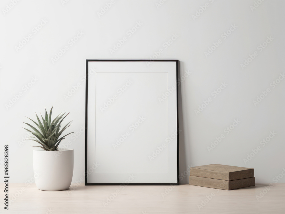 Mockup image poster frame close up and wood cabinet in cozy white interior background , frame classic, minimalistic, floral