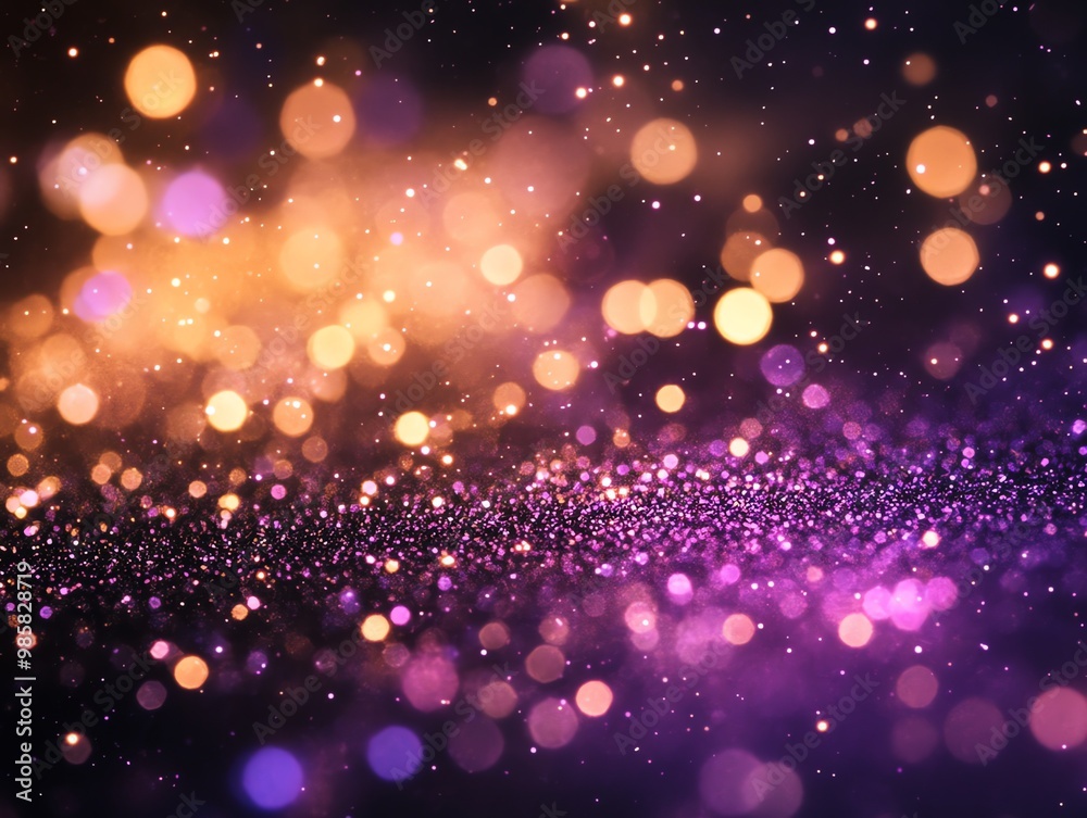 Abstract purple and gold bokeh lights on a dark background. Abstract purple and gold bokeh lights on a dark background.