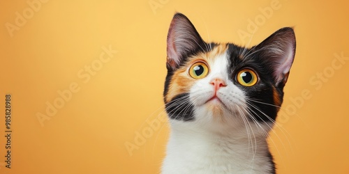 Obraz na płótnie Hungry Calico Cat Eagerly Staring at the Camera Against an Orange Backdrop—Captivating Pet Portrait for Animal Lovers. w salonie