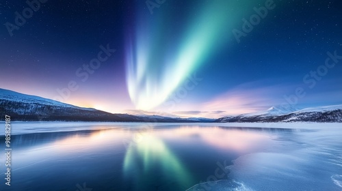 Northern lights, aurora reflecting on icy lake, winter calm.