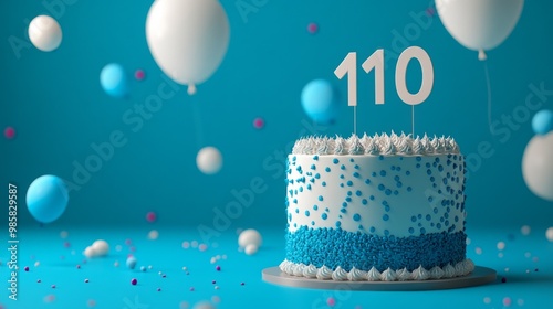 A birthday cake with the number 110 on it. The cake is decorated with white frosting and blue sprinkles