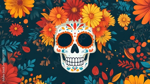 A colorful sugar skull surrounded by orange and yellow flowers on a dark blue background.