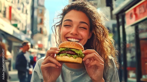 A young woman enjoying a hamburger at an outdoor cafe, smiling brightly while taking a bite, with a casual urban backdrop featuring people walking and city life