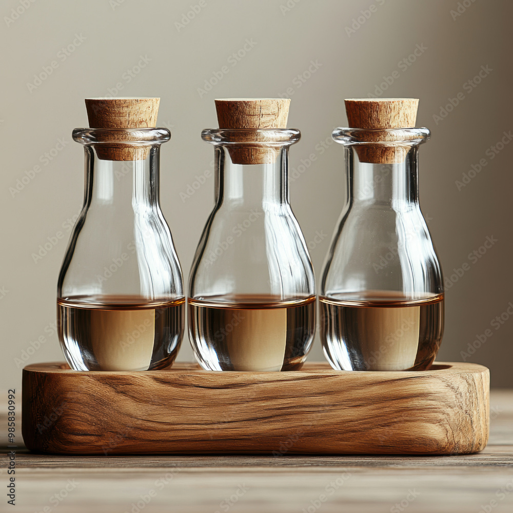 Elegant glass test tubes in wooden holder showcase minimalist design, perfect for displaying oils or liquids. Their clear structure and natural wood create harmonious aesthetic Elegant glass test tubes in wooden holder showcase minimalist design, perfect for displaying oils or liquids. Their clear structure and natural wood create harmonious aesthetic