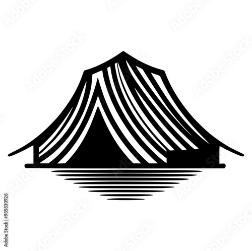 "Minimalist black and white camping scene silhouette, abstract line art with bold and distinct lines. Simple yet artistic design on a plain background, capturing the essence of outdoor adventure.