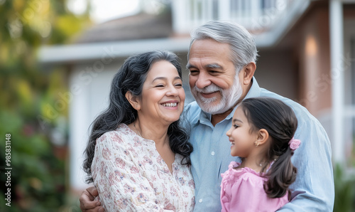 A joyful family moment with a couple and their granddaughter, sharing smiles in a warm, outdoor setting.