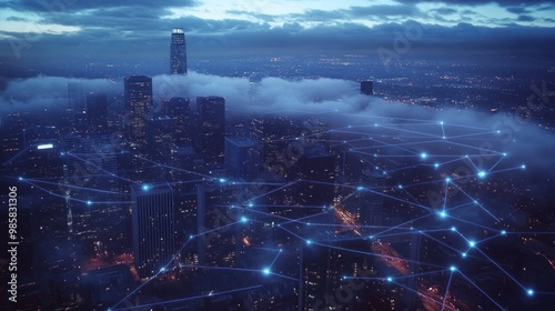 Aerial view of a city skyline with glowing lines representing cloud data flow and connectivity across buildings and infrastructure photo