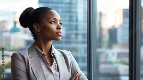 African-American woman in business attire, standing by a large glass window in a high-rise building, looking out over the city with a thoughtful expression Free Download African-American woman in business attire, standing by a large glass window in a high-rise building, looking out over the city with a thoughtful expression - GFXLoad