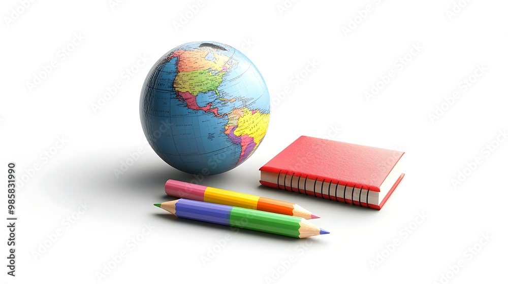 Celebrating Education Day with 3D Realistic World Icon and Chalk Piece on White Background Celebrating Education Day with 3D Realistic World Icon and Chalk Piece on White Background