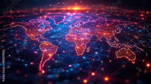 abstract visualization of global business connections with glowing network lines connecting illuminated nodes across a stylized world map representing international corporate networking