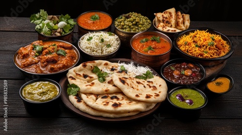 Assorted Indian dishes including curry, naan, biryani, and chutneys arranged on a dark rustic wooden background, vibrant colors and textures highlighting the variety of traditional flavors photo