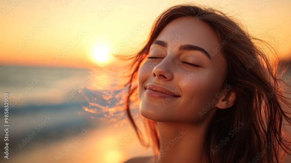 Beautiful fair-skinned woman smiling with her eyes closed, enjoying a gentle breeze, her hair flowing in the wind, standing by the beach at sunset Beautiful fair-skinned woman smiling with her eyes closed, enjoying a gentle breeze, her hair flowing in the wind, standing by the beach at sunset