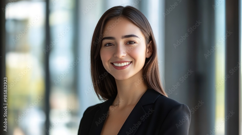 Beautiful fair-skinned woman with dark hair smiling confidently in a modern office environment, dressed in professional attire with natural light coming through large windows Beautiful fair-skinned woman with dark hair smiling confidently in a modern office environment, dressed in professional attire with natural light coming through large windows