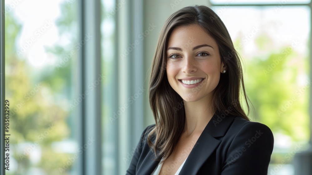 Beautiful fair-skinned woman with dark hair smiling confidently in a modern office environment, dressed in professional attire with natural light coming through large windows Beautiful fair-skinned woman with dark hair smiling confidently in a modern office environment, dressed in professional attire with natural light coming through large windows