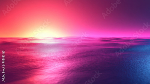 A vibrant sunset over smooth ocean surface creates serene and calming atmosphere. blend of pink, purple, and blue hues evokes sense of tranquility and beauty