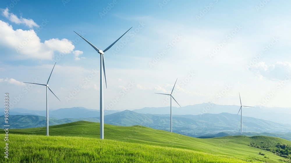 Wind turbines stand tall against a backdrop of rolling hills and a clear blue sky.
