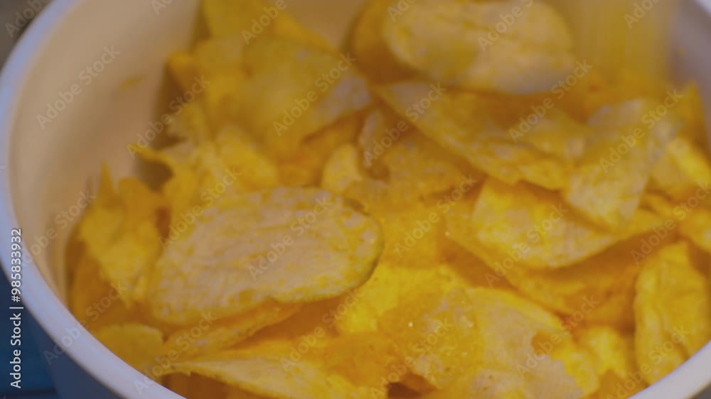 Modern food. Appetizing potato chips are poured into a bowl. Close-up. Modern food. Appetizing potato chips are poured into a bowl. Close-up.