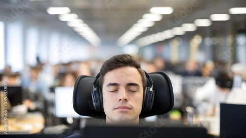 Man wearing noise-canceling headphones, focused and relaxed in a busy office environment, symbolizing the concept of noise cancellation and productivity enhancement.