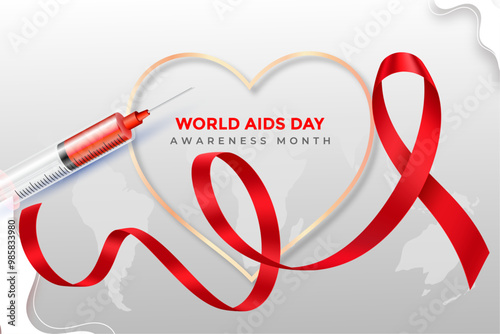 World aids day in realistic style background with heart shape of frame and injection