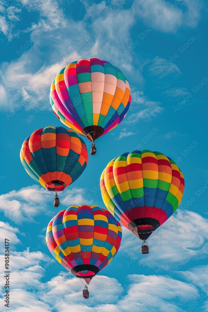 Obraz premium colorful hot air balloons flying on blue sky with clouds. vertical
