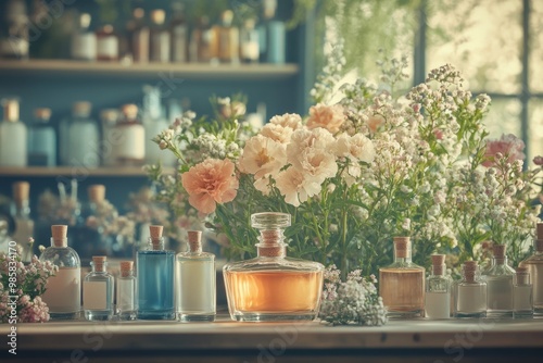 romantic lab setting with vintage perfume bottles and delicate flowers, a concept banner for the art of scent creation