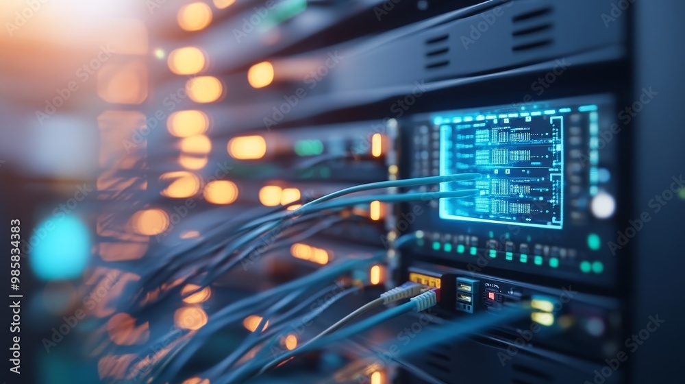 Close-up of server rack with blue cables and a digital display.