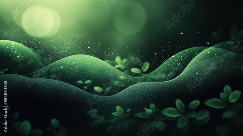 A serene green gradient background with soft waves and delicate leaves creates tranquil atmosphere, perfect for pitch deck or presentation