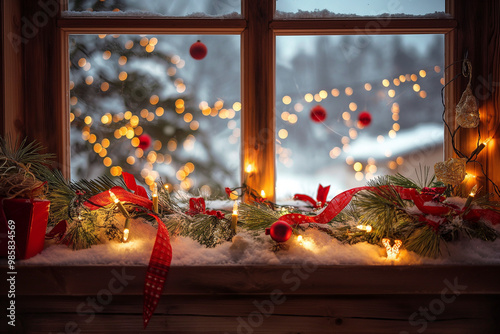 Festive Holiday Window Decorated with Snow and Twinkling Lights