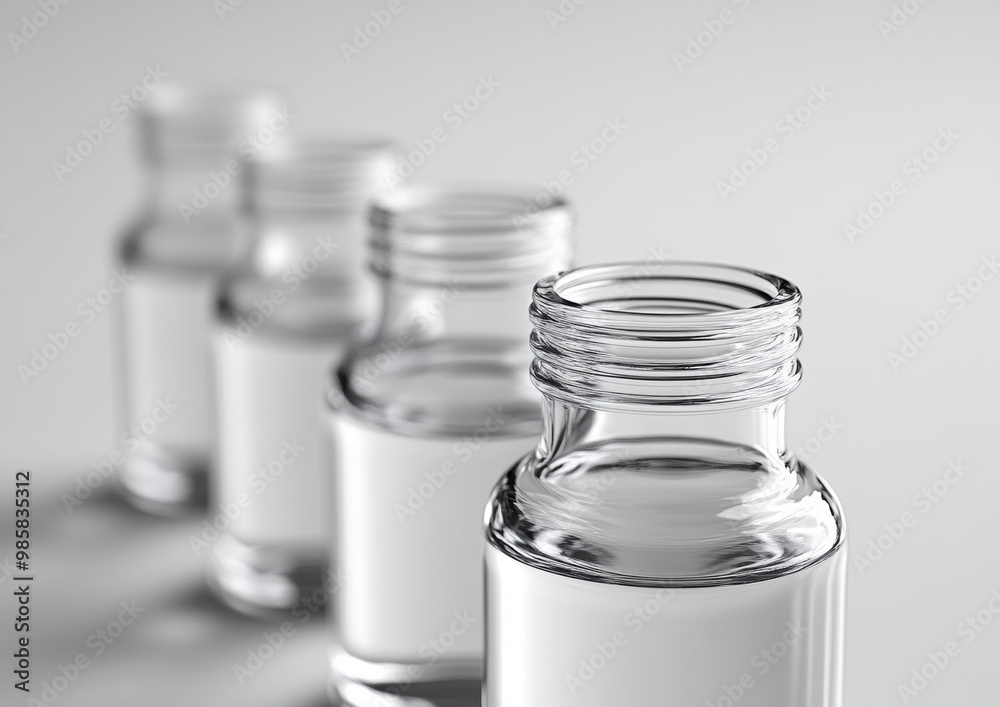 Minimalist clear glass beakers and bottles arranged in row, showcasing their elegant design and transparency. simplicity of glass creates serene and modern aesthetic