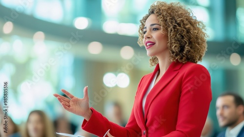 A confident speaker in a red jacket engages an audience, emphasizing key points during a presentation in a modern, well-lit setting. photo