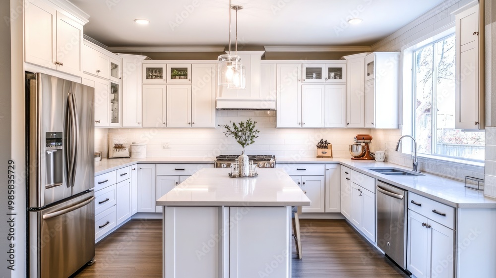 Bright and airy kitchen with white cabinets, stainless steel appliances, and natural light