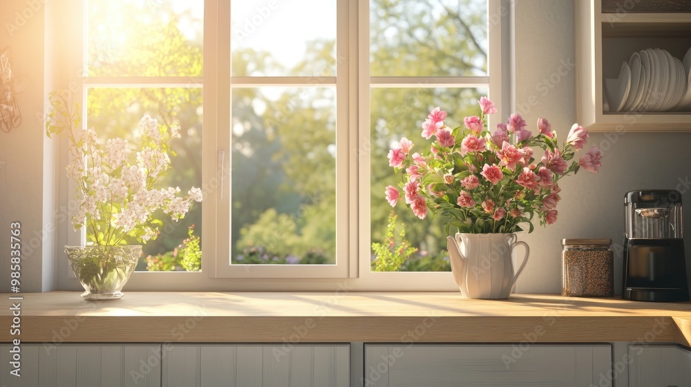 Bright kitchen with a large window, light wood countertops, and fresh flowers in a vase Bright kitchen with a large window, light wood countertops, and fresh flowers in a vase