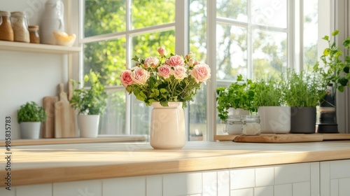 Bright kitchen with a large window, light wood countertops, and fresh flowers in a vase