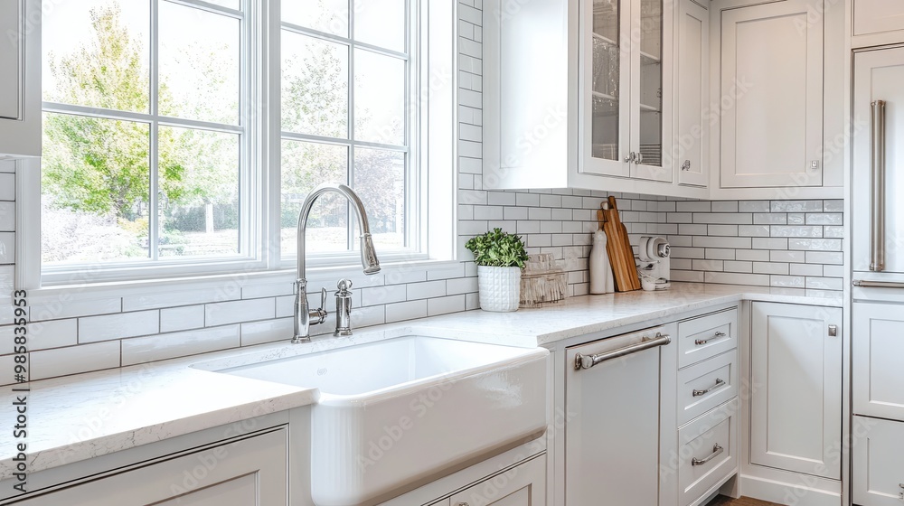 Classic kitchen with white cabinets, subway tiles, and a large farmhouse sink. Classic kitchen with white cabinets, subway tiles, and a large farmhouse sink.