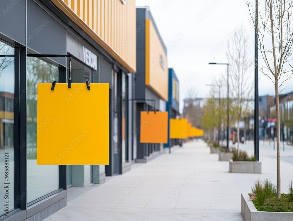 Empty storefront with blank yellow signs hanging on a street. Empty storefront with blank yellow signs hanging on a street.