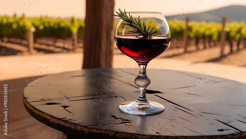  A glass of rich Spanish red wine set on a rustic wooden table, with a vineyard in the background, capturing the essence of Spain’s wine culture

