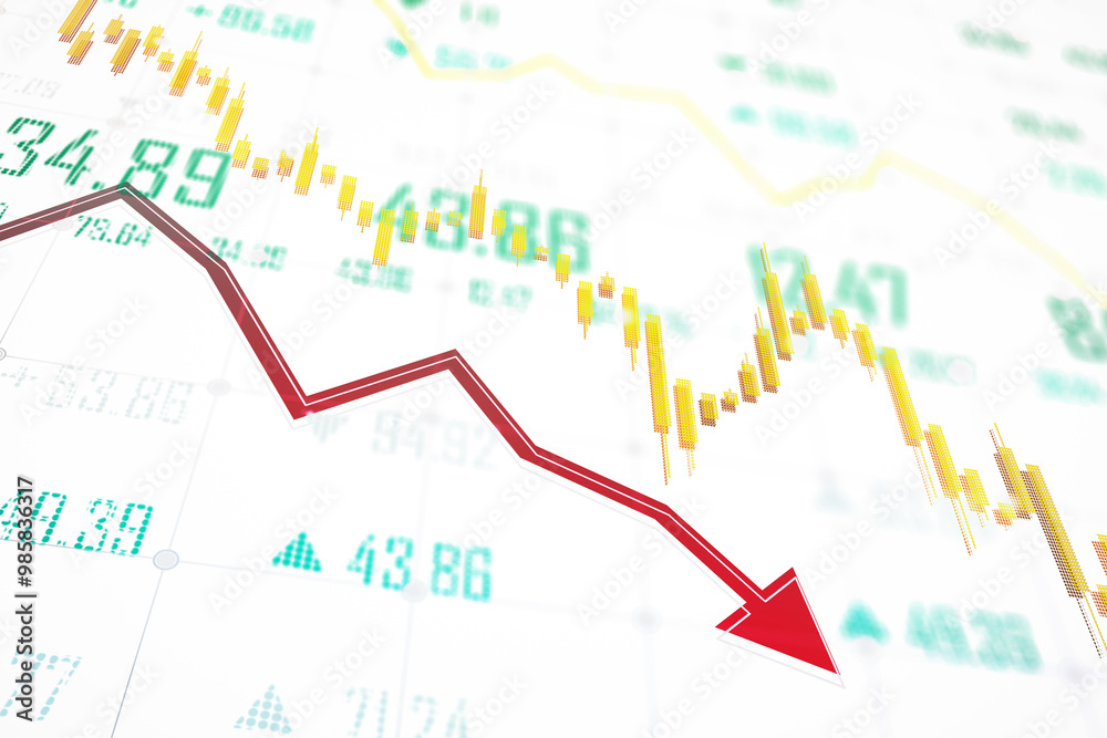 Red downward arrow with stock market data and candlestick chart on white background. 3D Rendering Red downward arrow with stock market data and candlestick chart on white background. 3D Rendering