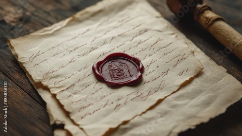 Close-up of a letter written on vintage paper, sealed with a wax stamp, perfect for a nostalgic feel. photo